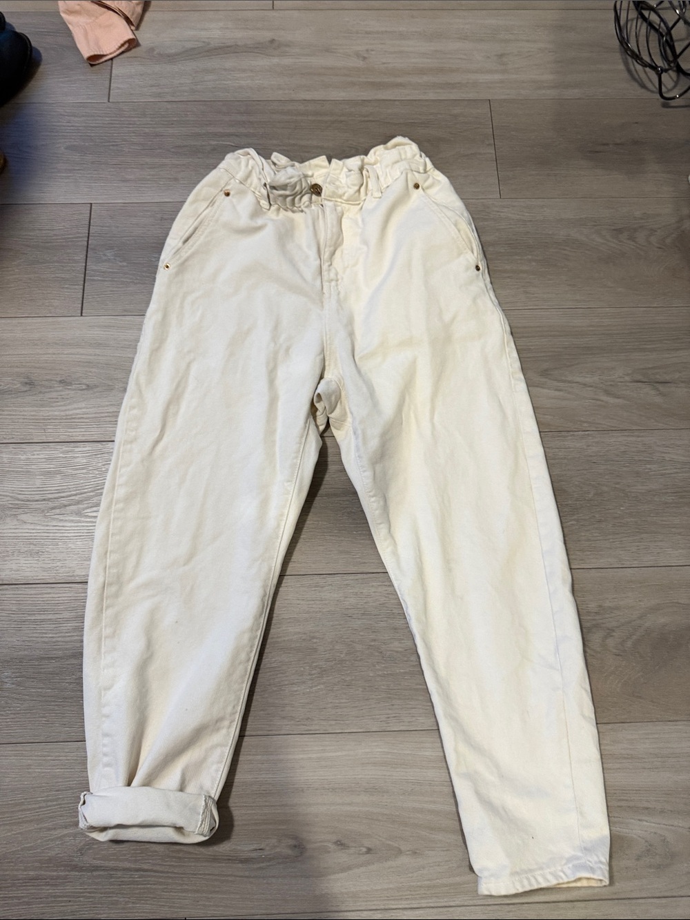 Zara Cream High-Rise Paperbag Waist Pants